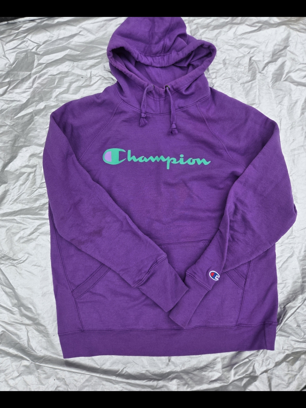 Champion Purple Hoodie with Teal Logo Script